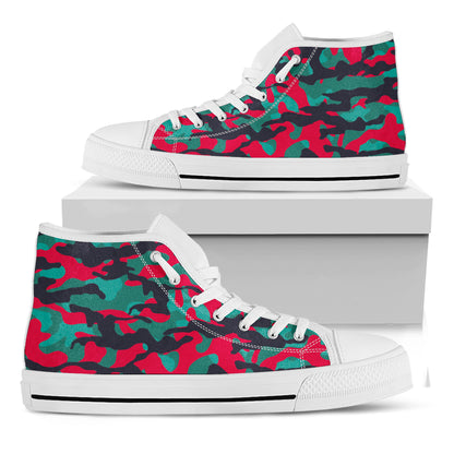 Pink Teal And Black Camouflage Print White High Top Sneakers