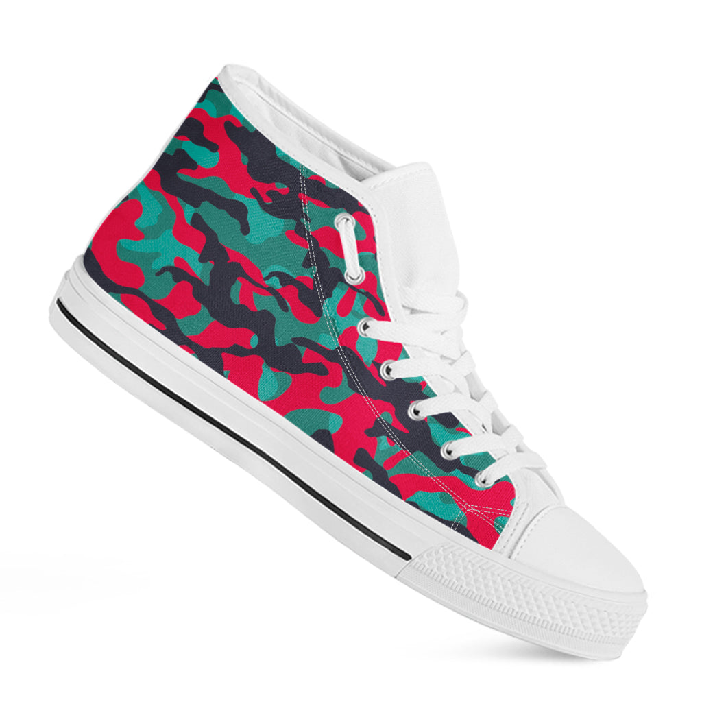 Pink Teal And Black Camouflage Print White High Top Sneakers