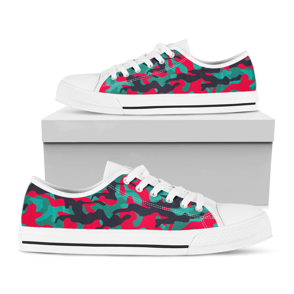 Pink Teal And Black Camouflage Print White Low Top Sneakers