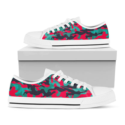 Pink Teal And Black Camouflage Print White Low Top Sneakers