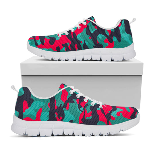 Pink Teal And Black Camouflage Print White Running Shoes