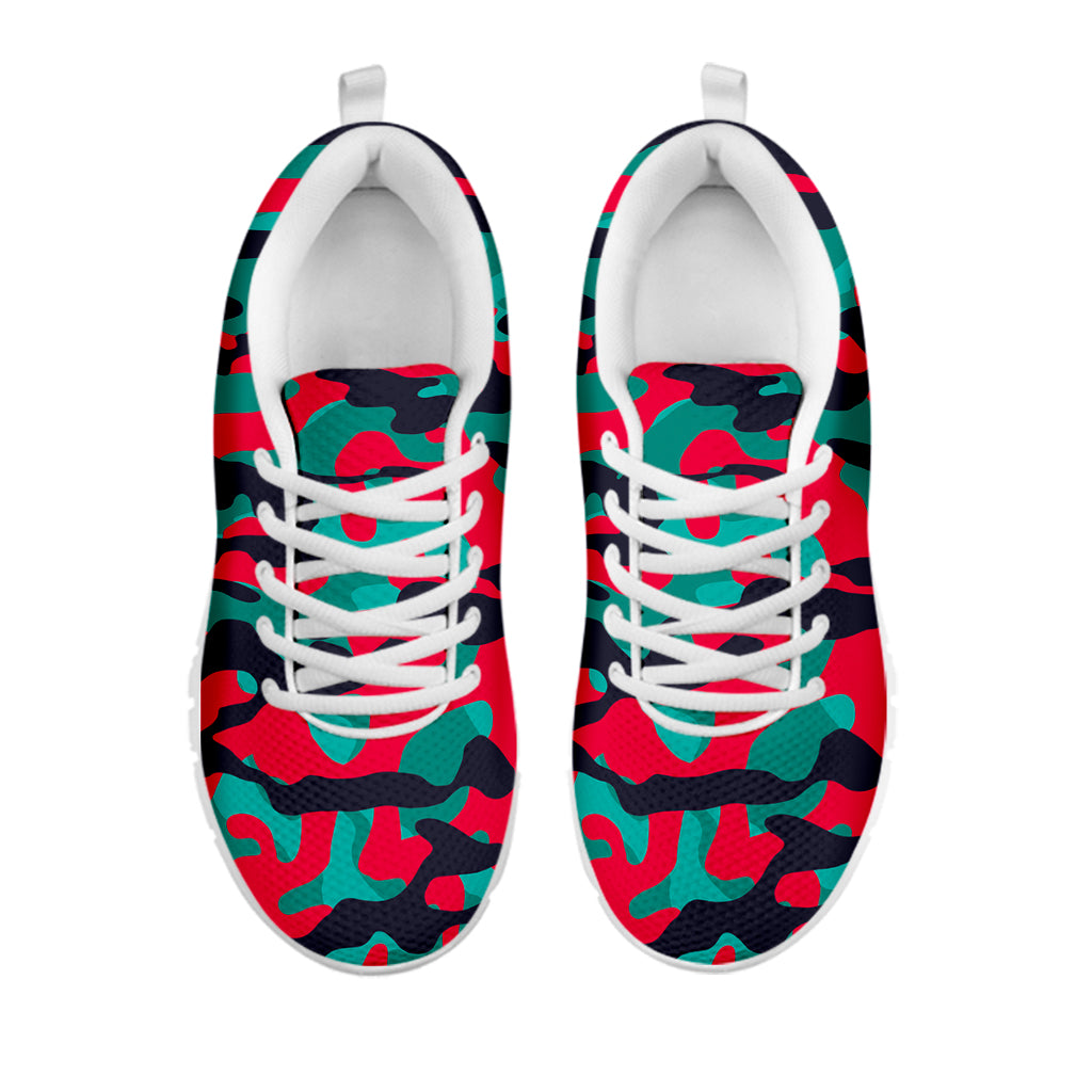 Pink Teal And Black Camouflage Print White Running Shoes