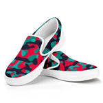 Pink Teal And Black Camouflage Print White Slip On Sneakers