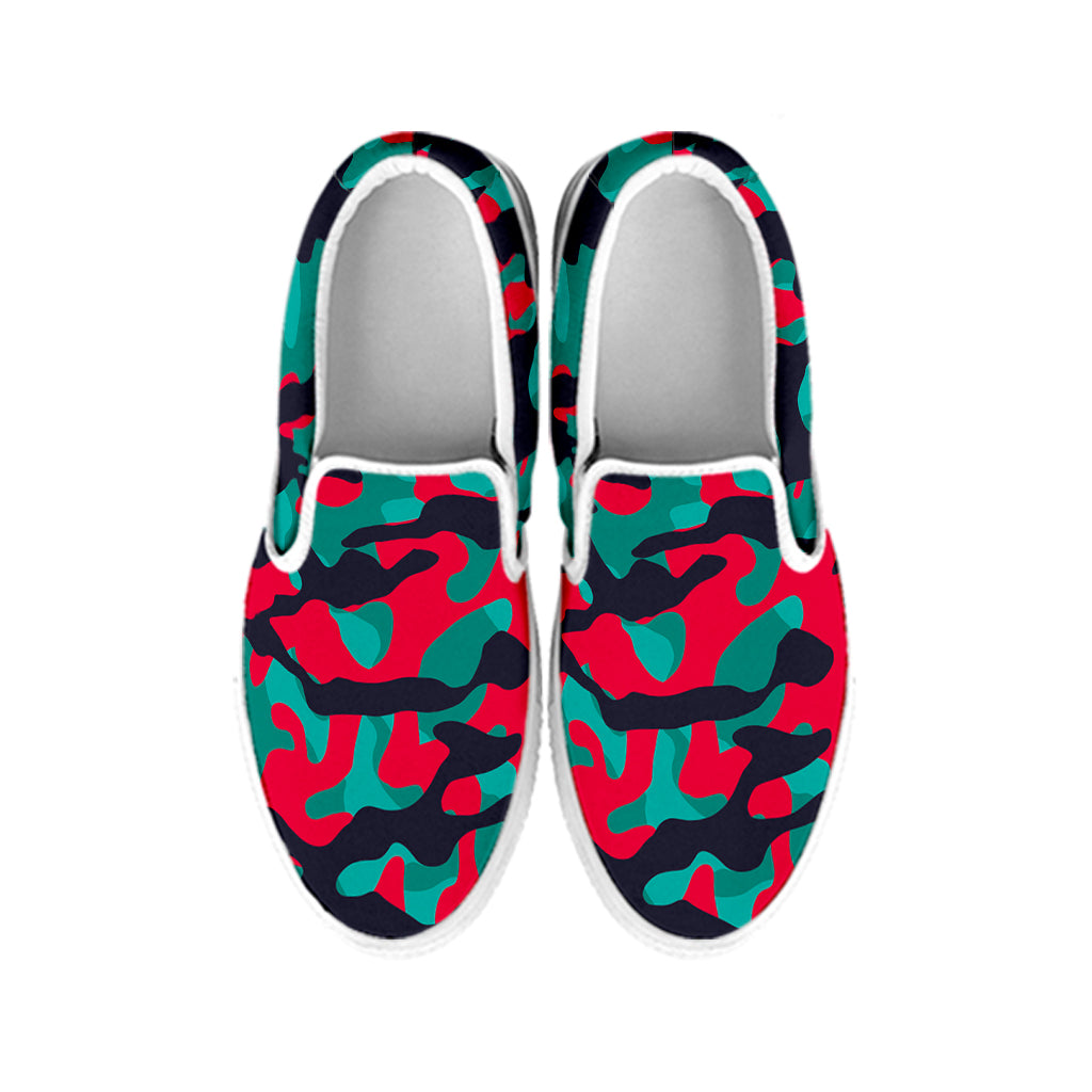 Pink Teal And Black Camouflage Print White Slip On Sneakers