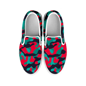 Pink Teal And Black Camouflage Print White Slip On Sneakers