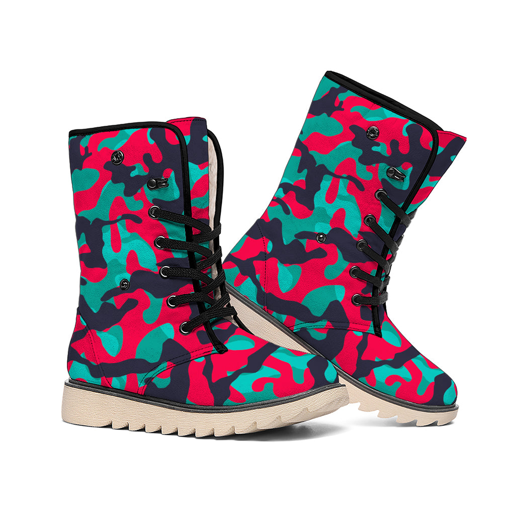 Pink Teal And Black Camouflage Print Winter Boots