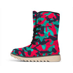 Pink Teal And Black Camouflage Print Winter Boots