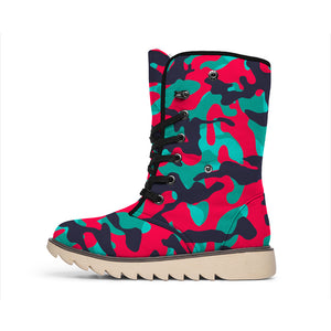 Pink Teal And Black Camouflage Print Winter Boots