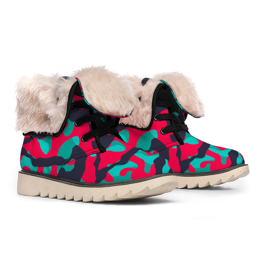 Pink Teal And Black Camouflage Print Winter Boots