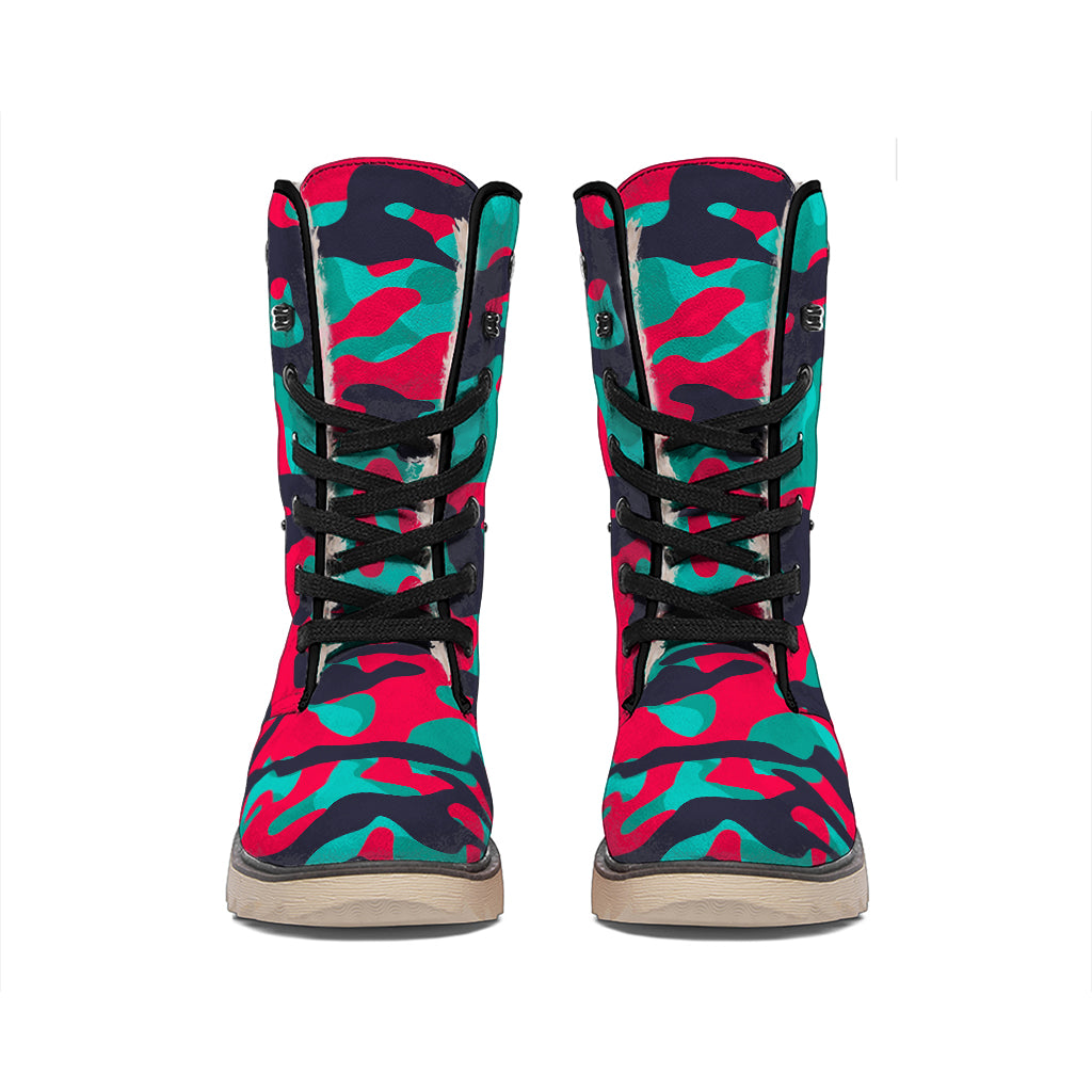 Pink Teal And Black Camouflage Print Winter Boots