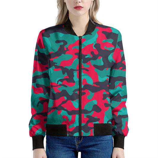 Pink Teal And Black Camouflage Print Women's Bomber Jacket
