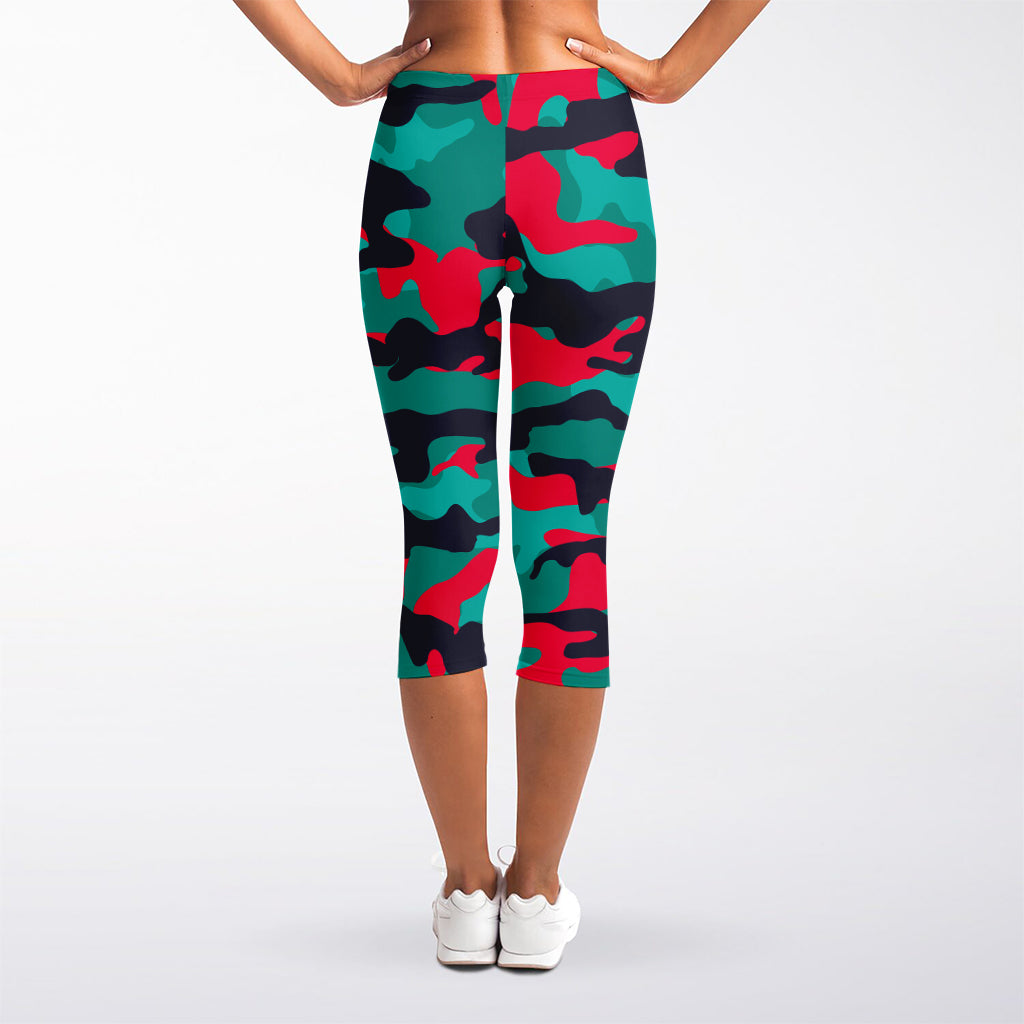 Pink Teal And Black Camouflage Print Women's Capri Leggings