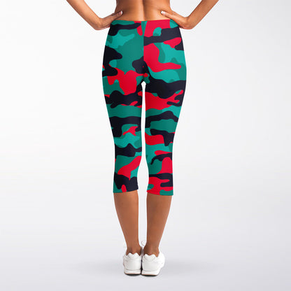 Pink Teal And Black Camouflage Print Women's Capri Leggings
