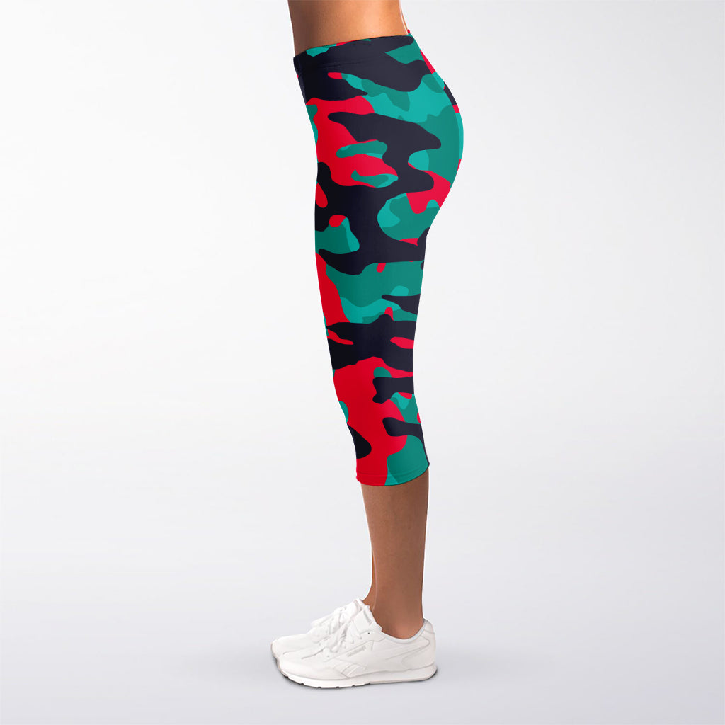 Pink Teal And Black Camouflage Print Women's Capri Leggings