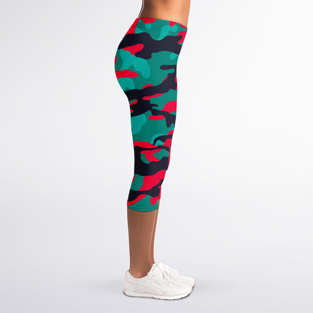 Pink Teal And Black Camouflage Print Women's Capri Leggings