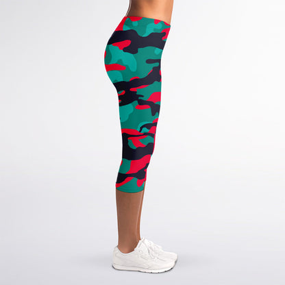 Pink Teal And Black Camouflage Print Women's Capri Leggings