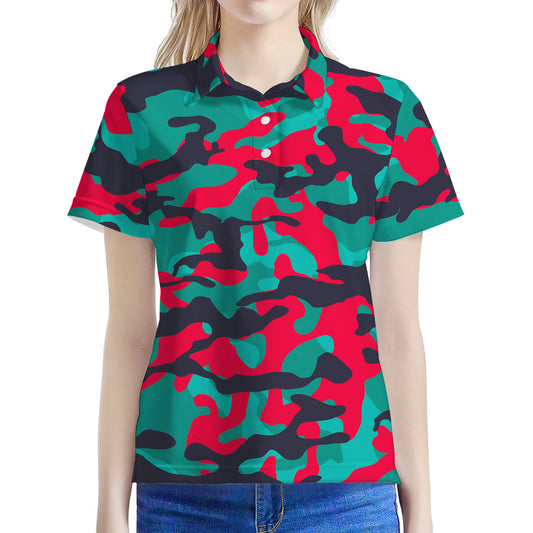 Pink Teal And Black Camouflage Print Women's Polo Shirt