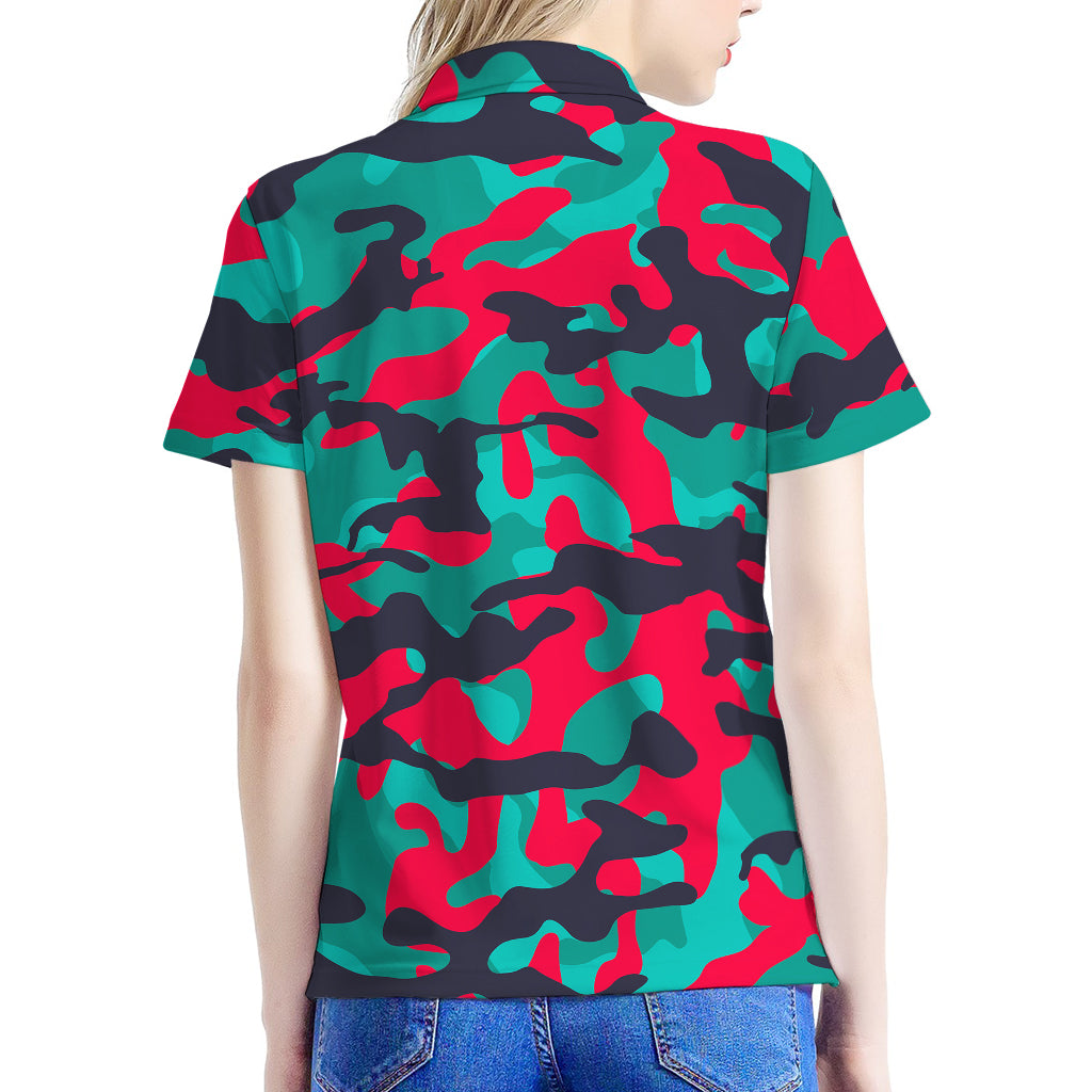Pink Teal And Black Camouflage Print Women's Polo Shirt