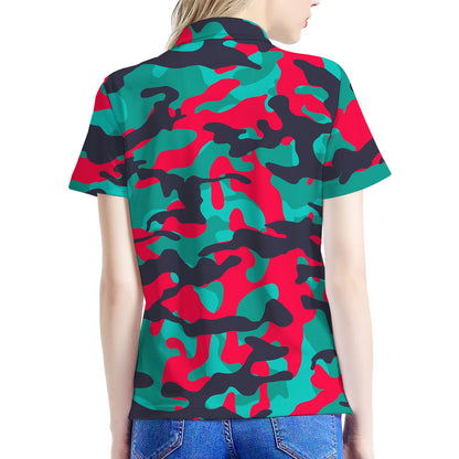 Pink Teal And Black Camouflage Print Women's Polo Shirt