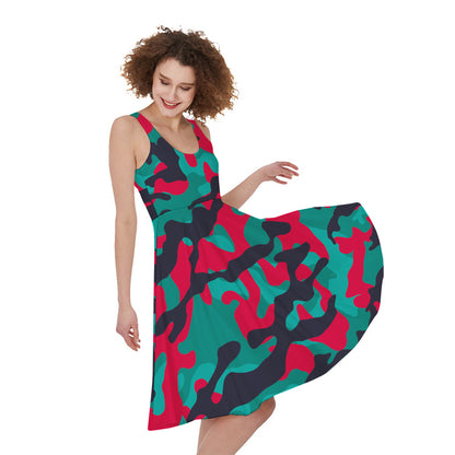 Pink Teal And Black Camouflage Print Women's Sleeveless Dress