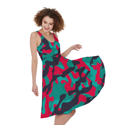 Pink Teal And Black Camouflage Print Women's Sleeveless Dress