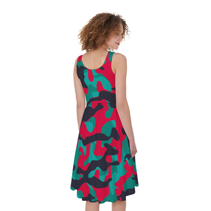 Pink Teal And Black Camouflage Print Women's Sleeveless Dress