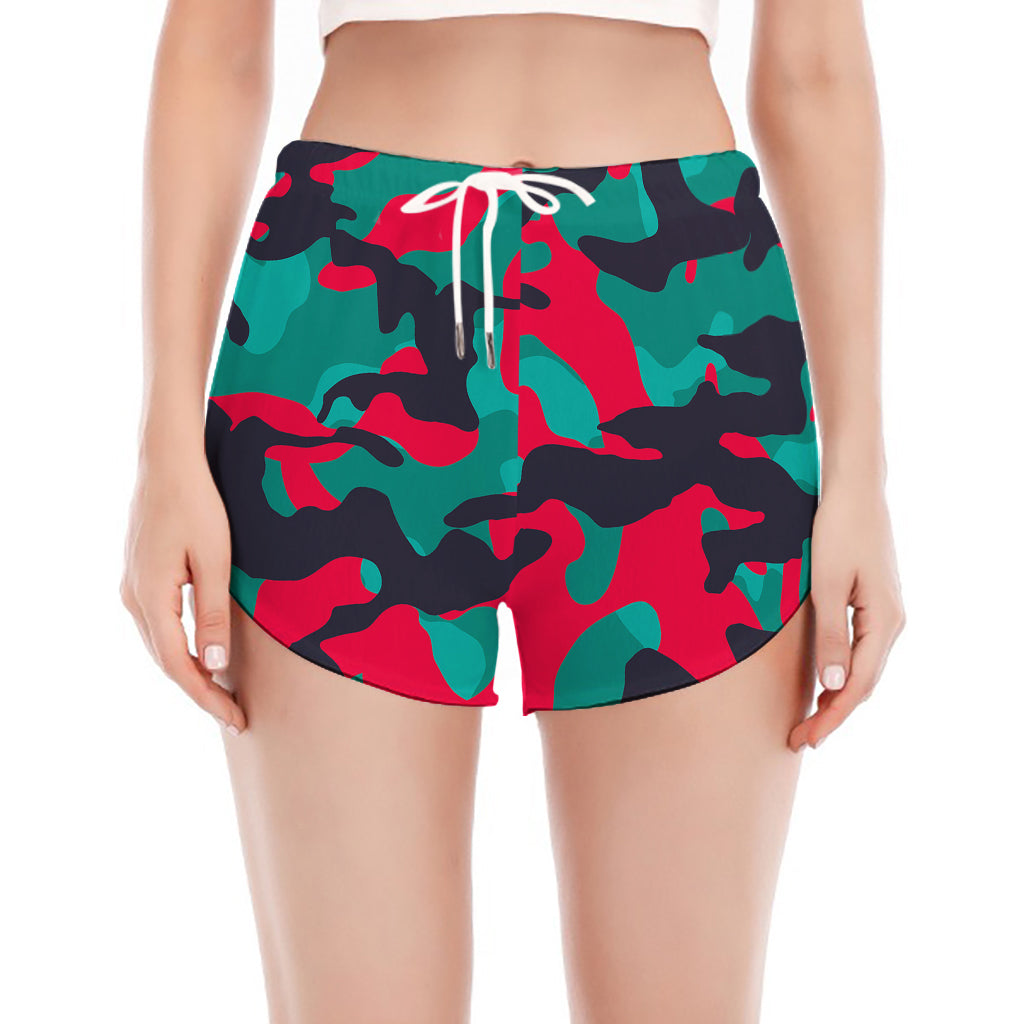 Pink Teal And Black Camouflage Print Women's Split Running Shorts