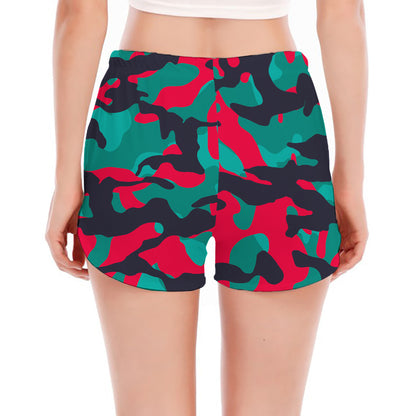 Pink Teal And Black Camouflage Print Women's Split Running Shorts