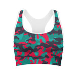 Pink Teal And Black Camouflage Print Women's Sports Bra