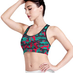 Pink Teal And Black Camouflage Print Women's Sports Bra