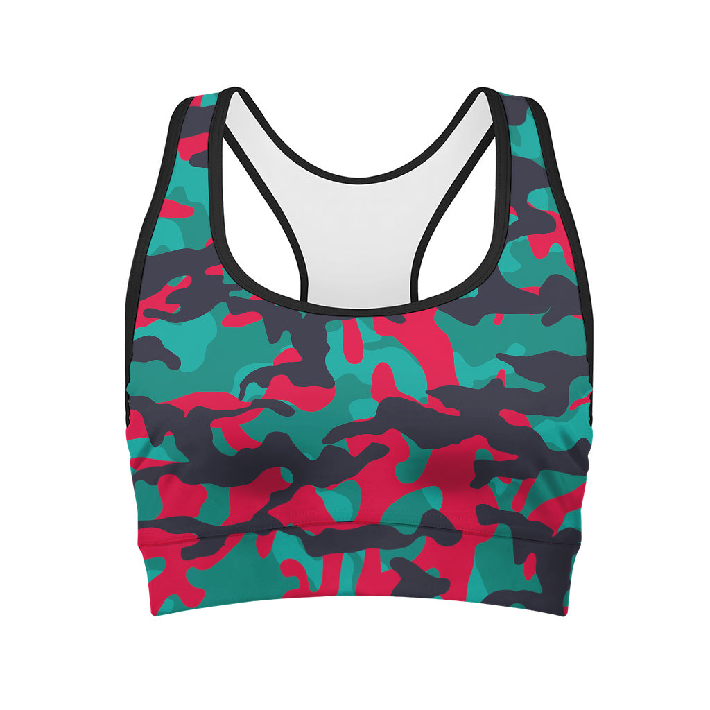 Pink Teal And Black Camouflage Print Women's Sports Bra