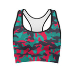 Pink Teal And Black Camouflage Print Women's Sports Bra