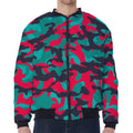 Pink Teal And Black Camouflage Print Zip Sleeve Bomber Jacket