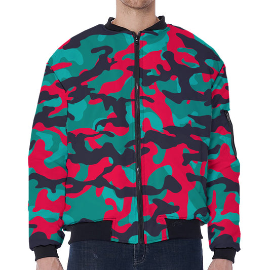 Pink Teal And Black Camouflage Print Zip Sleeve Bomber Jacket