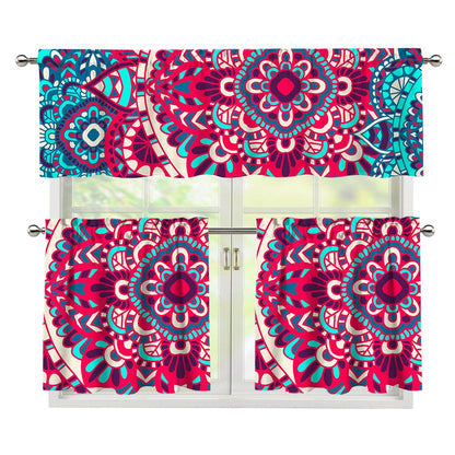 Pink Teal Bohemian Mandala Pattern Print 3 Piece Kitchen Curtains