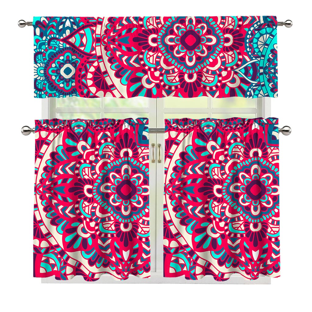 Pink Teal Bohemian Mandala Pattern Print 3 Piece Kitchen Curtains