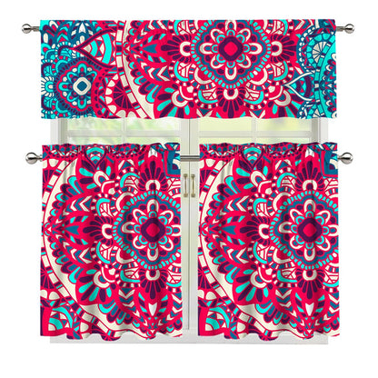 Pink Teal Bohemian Mandala Pattern Print 3 Piece Kitchen Curtains