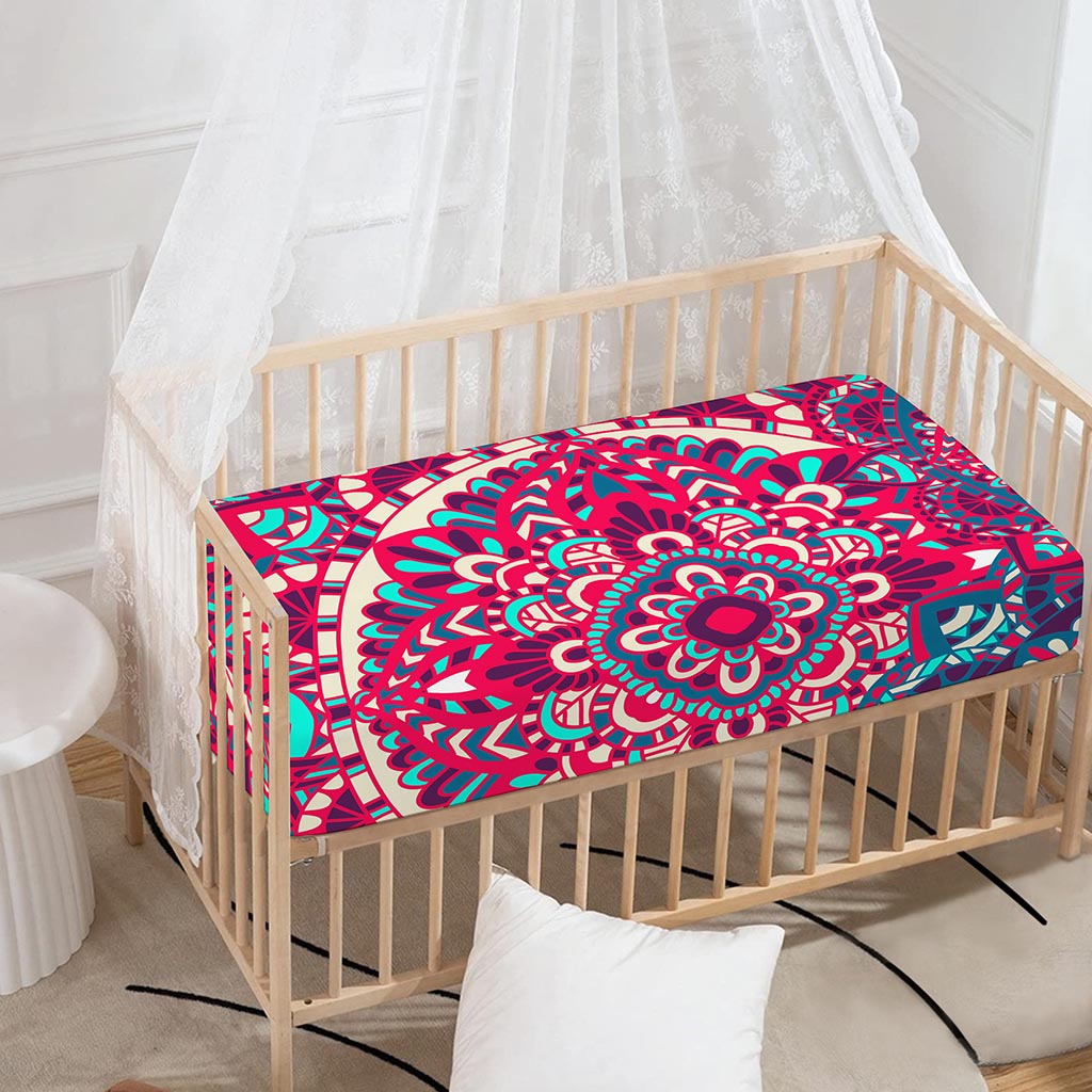 Pink Teal Bohemian Mandala Pattern Print Baby Crib Sheet