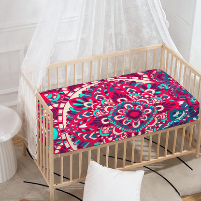 Pink Teal Bohemian Mandala Pattern Print Baby Crib Sheet