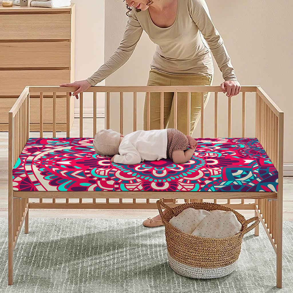 Pink Teal Bohemian Mandala Pattern Print Baby Crib Sheet