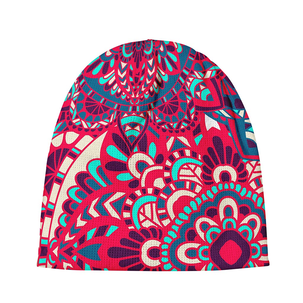 Pink Teal Bohemian Mandala Pattern Print Beanie
