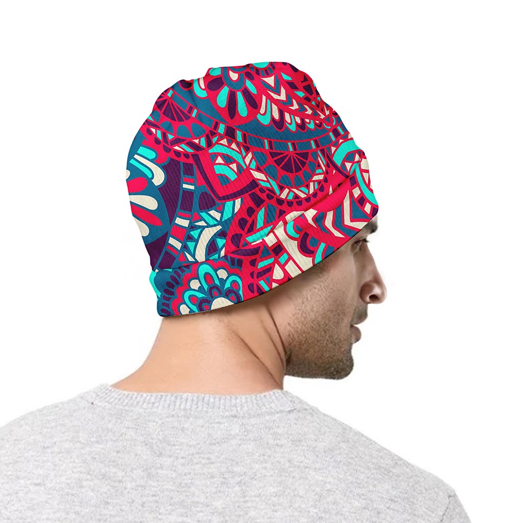 Pink Teal Bohemian Mandala Pattern Print Beanie