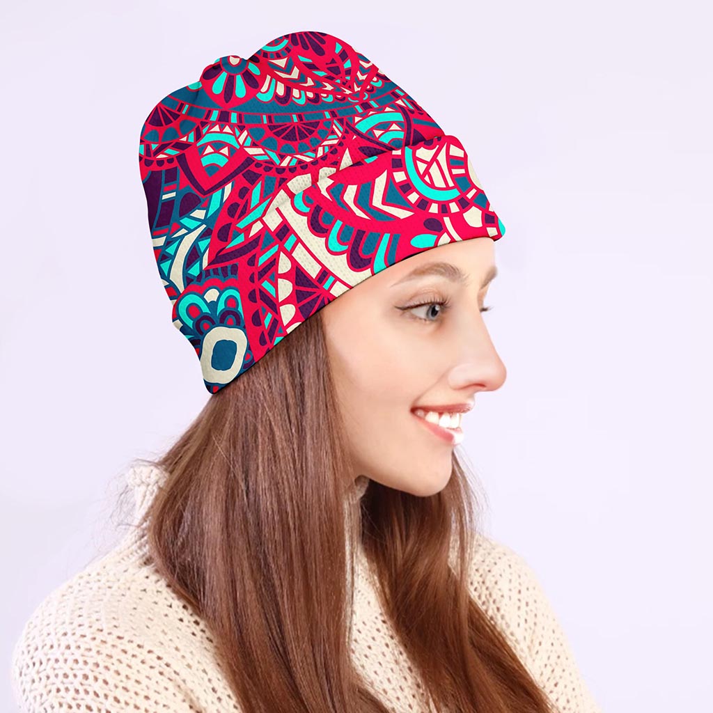 Pink Teal Bohemian Mandala Pattern Print Beanie