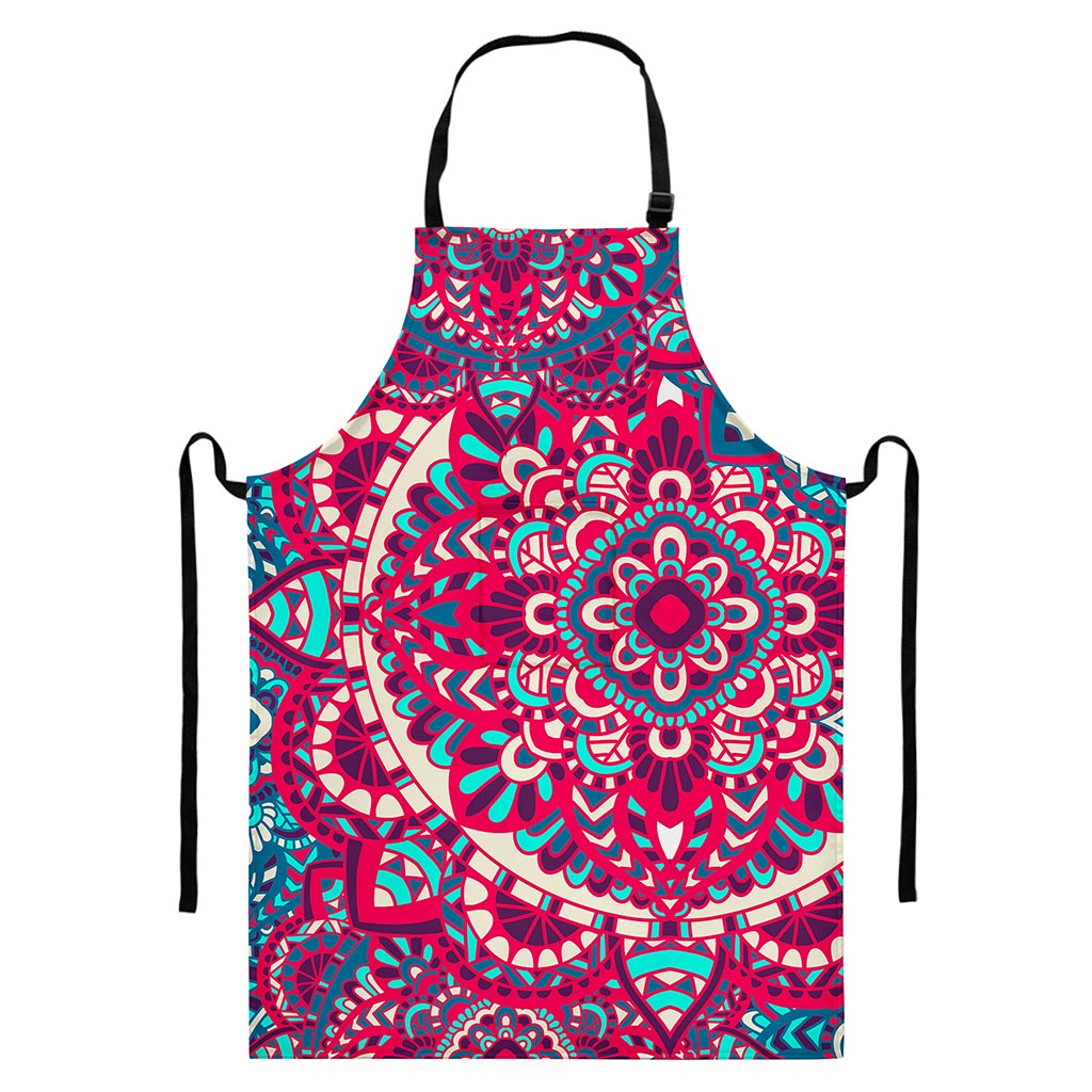 Pink Teal Bohemian Mandala Pattern Print Bib Apron With Pocket