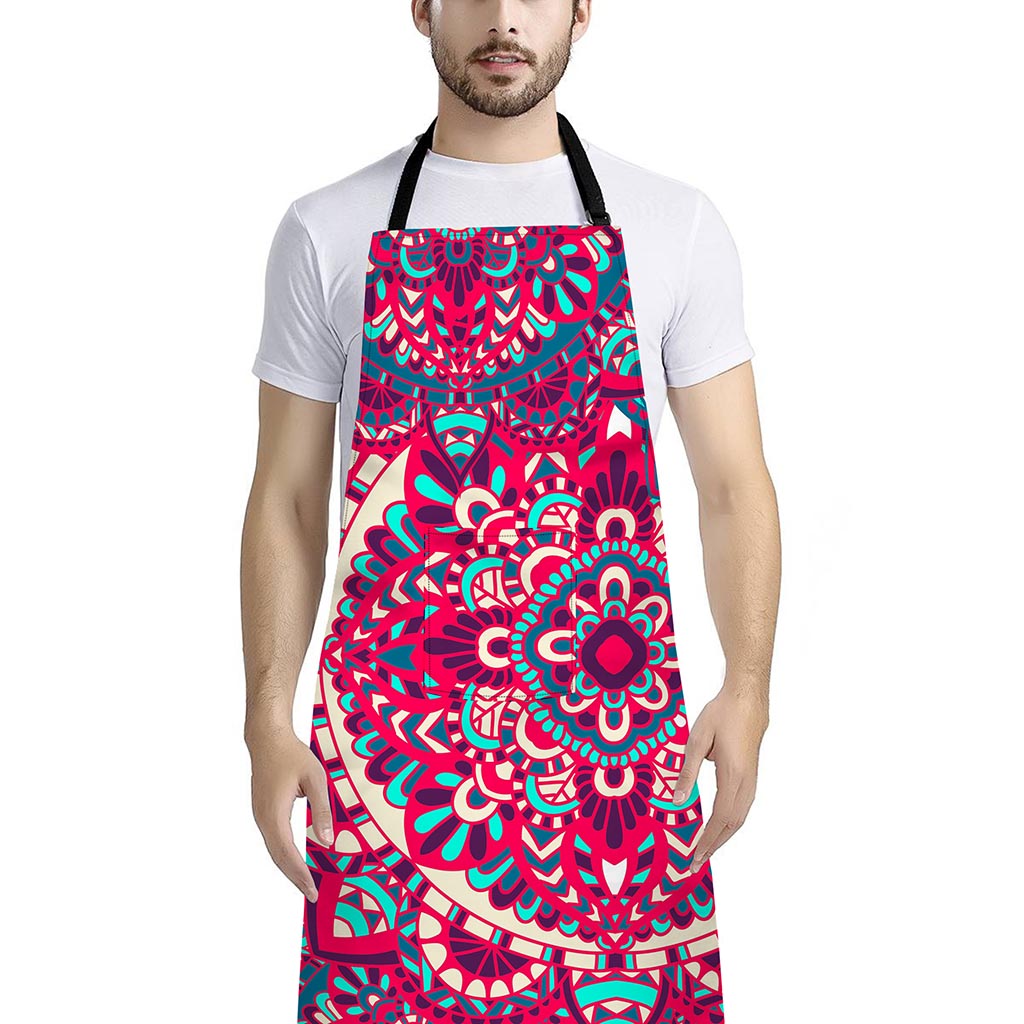 Pink Teal Bohemian Mandala Pattern Print Bib Apron With Pocket
