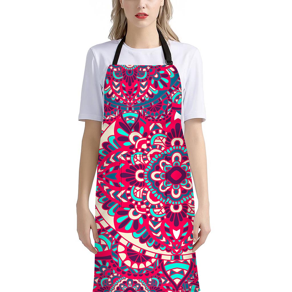 Pink Teal Bohemian Mandala Pattern Print Bib Apron With Pocket