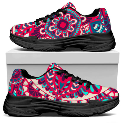 Pink Teal Bohemian Mandala Pattern Print Black Chunky Shoes