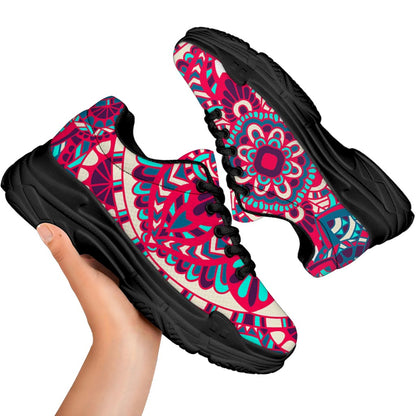 Pink Teal Bohemian Mandala Pattern Print Black Chunky Shoes
