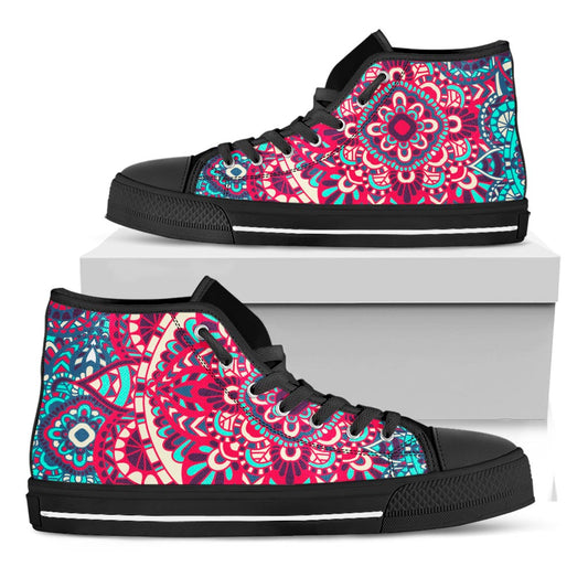 Pink Teal Bohemian Mandala Pattern Print Black High Top Sneakers