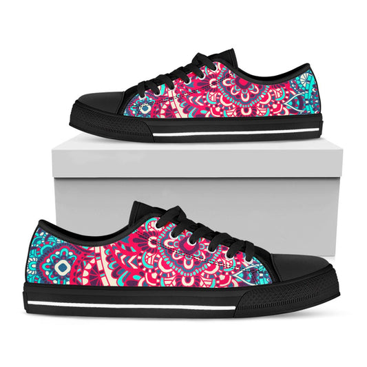 Pink Teal Bohemian Mandala Pattern Print Black Low Top Sneakers
